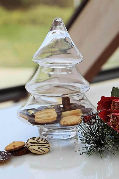 ÇELİKAY Çam Ağacı Şeklinde Kapaklı Cam Kurabiyelik & Şekerlik Drajelik 24x15cm