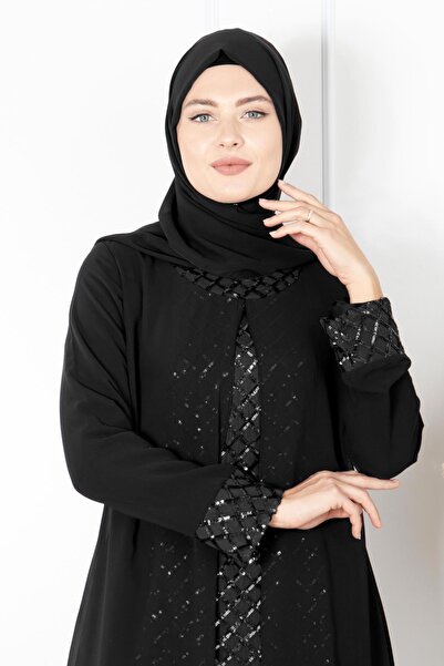 SUBU TASARIM Cape Sequin Detailed Evening Dress Black Tbs854