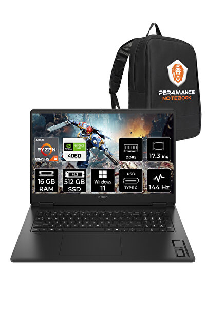 HP OMEN 17 R9 8945HS 16GB RAM 512GB SSD RTX4060/8GB 144Hz 17.3'' FHD W11H Gaming Laptop & PER4 ÇANTA