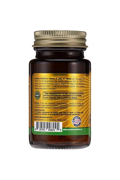 Sunshine Nutrition التغذية فيتامين د 1000 وحدة دولية، مدعم بفيتامين د3 كوليكالسيفيرول - 100 قرص