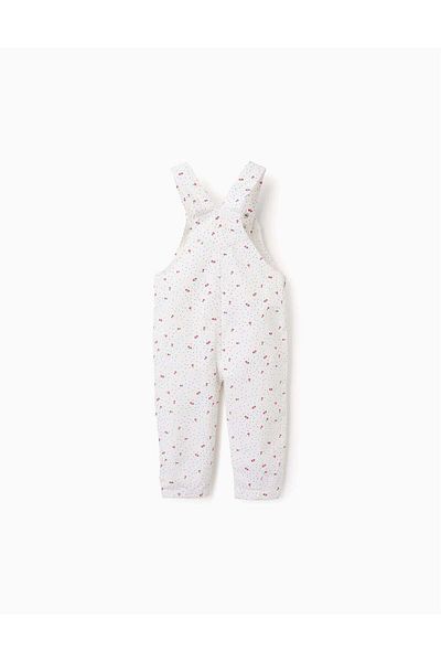 Ziddy Twill Dungarees with Floral Motif for Baby Girls, White