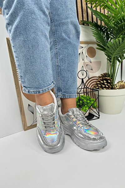 Allyup Ασημί Χρώμα Γυναικείο Sneaker - Χοντρή ψηλή σόλα, Lace Up Tiger Stripe...