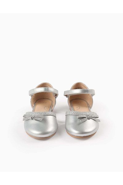 Ziddy Glitter Ballerina Flats with Bow for Girls, Silver