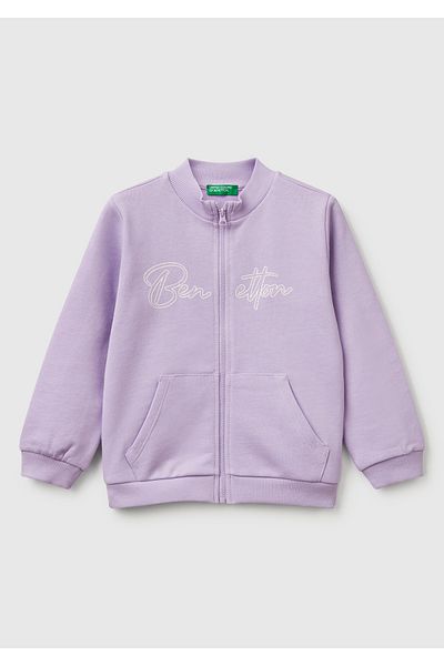 United Colors of Benetton Girl's Lilac Glitter Benetton Logo Embroidered Zippered Sweatshirt