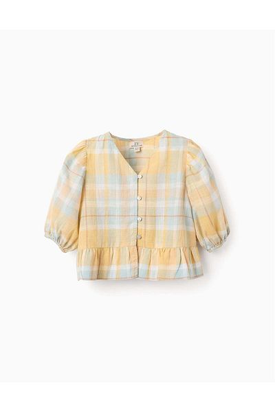 Ziddy Cotton Shirt with Check for Girls 'B&S', Yellow