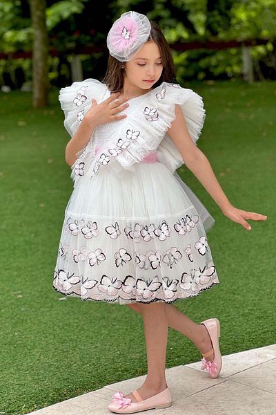 Riccotarz Girl's Zero Sleeve Shoulder Ruffled Skirt with Butterfly Patterns Tulle White Evening Dress