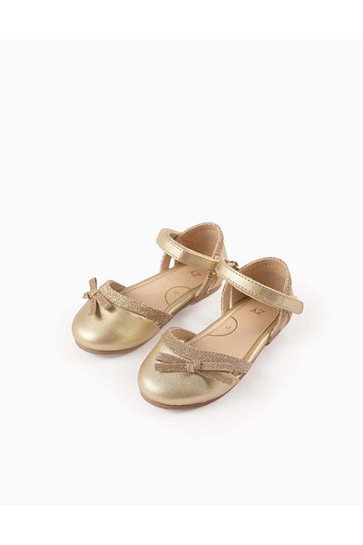 Ziddy Glitter Ballerina Flats with Bow for Baby Girls, Gold