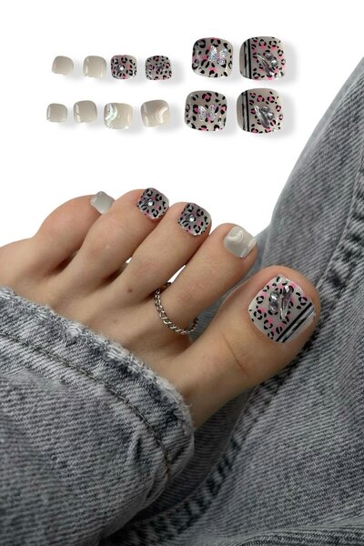 TAKIŞTIR 12'li Leopar Figürlü Kelebek Figürlü Ayak Takma Tırnak Set