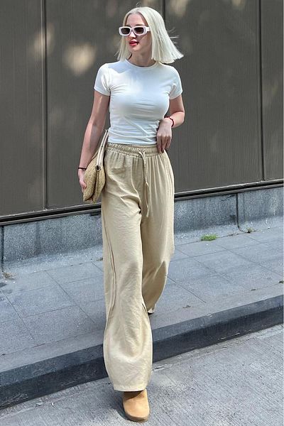 Madmext Beige Damenhose mit weitem Bein MG1982