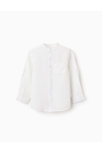 Ziddy Shirt with Mao Collar and Sleeve Tabs for Boys, White