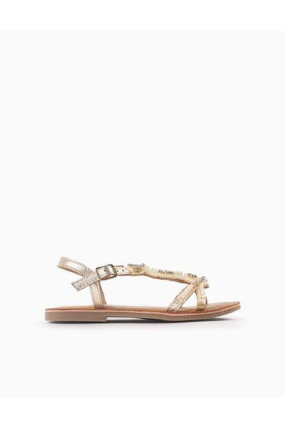 Ziddy Leather Sandals with Beads and Strass for Girls, Gold/Beige