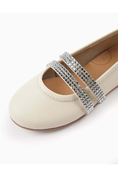 Ziddy Ballerina Flats with Strass Straps for Girls, White/Silver