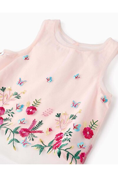 Ziddy Tulle Top with Colourful Embroideries for Girls, Pink