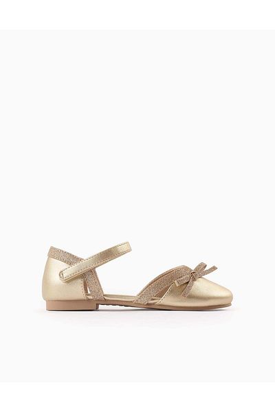 Ziddy Glitter Ballerina Flats with Bow for Girls, Gold