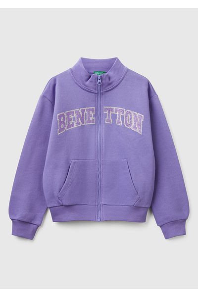 United Colors of Benetton Hanorac mov cu fermoar brodat cu logo Benetton pentru fetiță