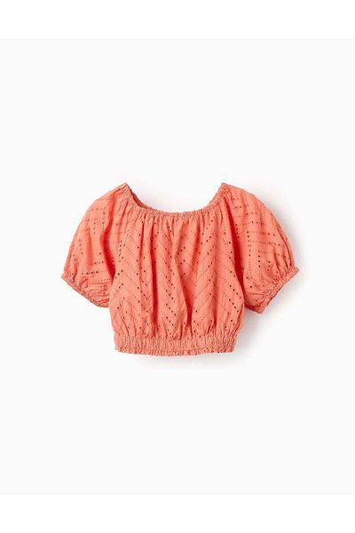 Ziddy Cotton Top with Broderie Anglaise for Girls, Orange