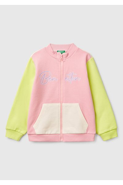 United Colors of Benetton Hanorac cu fermoar brodat cu logo Benetton, roz pentru fete