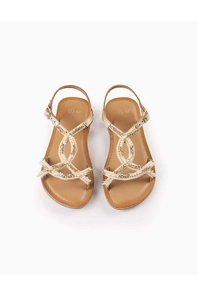 Ziddy Leather Sandals with Beads and Strass for Girls, Gold/Beige