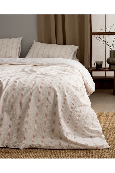 Madame Coco King Size Linda Striped 100% Cotton Washed Seersucker Duvet Cover Set - White/Coral