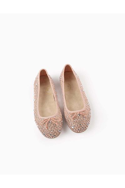 Ziddy Mesh Ballerina Flats with Sparkles for Girls, Pink/Silver