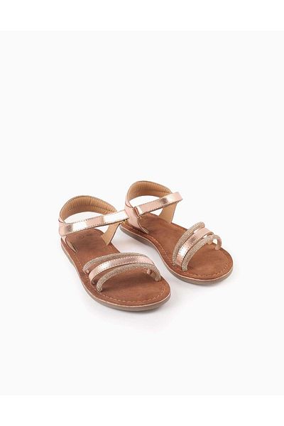 Ziddy Leather Sandals with Strass for Girls, Gold Pink