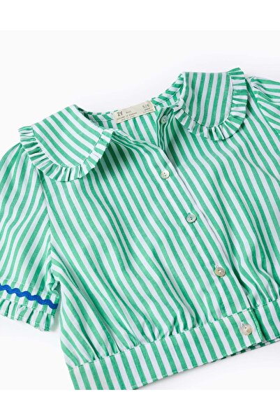 Ziddy Striped Frill Blouse for Girls, Green/White