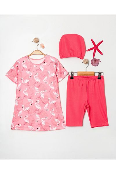 Modomood Girl's Top, Bonnet, Tights 3-Piece Flamingo Hijab Sea Pool Swimsuit Set