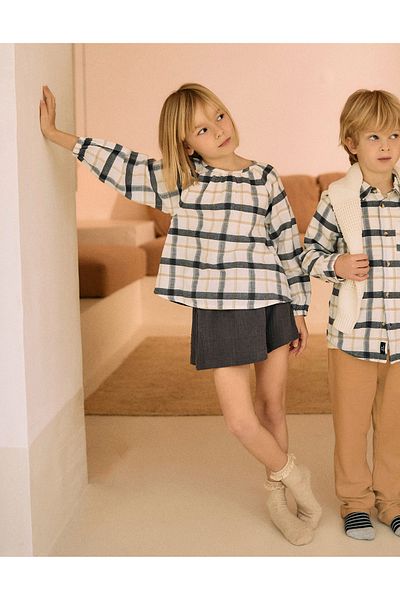 Ziddy Cotton Checked Blouse for Girls 'B&S', White/Beige/Grey