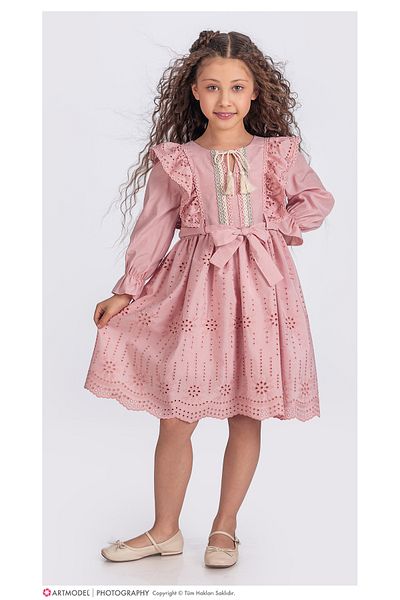 Tivido Cotton Embroidered Girl's Dress with Lace Collar