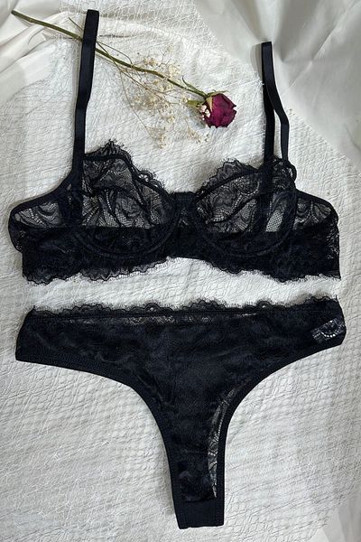 Kübra Tekstil Γυναικείο Σετ Εσώρουχα Basic Lace με Μαύρο Underwire Capless (Σουτιέν-Στάγκα)
