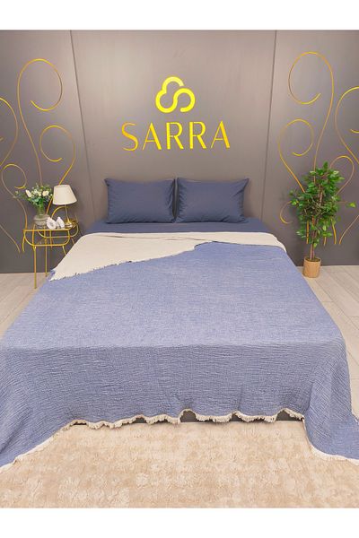 sarra 220X240 Double Muslin Bed Cover - Indigo Blue
