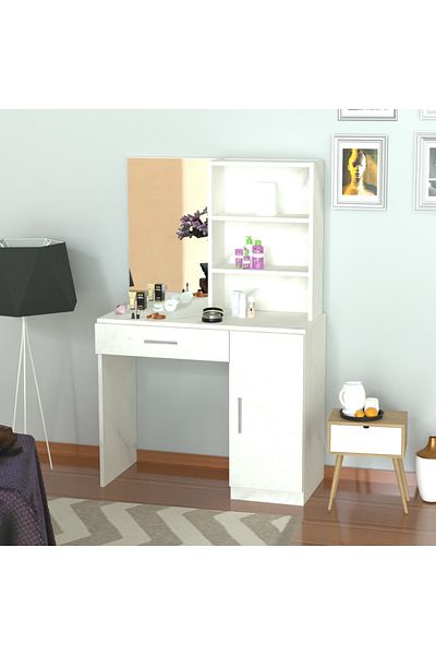 Mahmayi Modern Dresser With Vanity Mirror and Open Shelves Ample Leg Room-White Levanto Marble