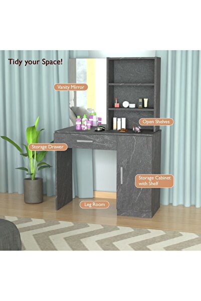 Mahmayi Modern Dresser With Vanity Mirror and Open Shelves Ample Leg Room-Anthracite Metal Fabric
