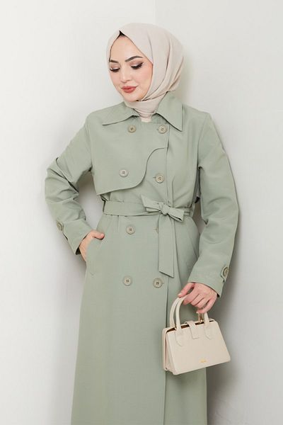 InStyle Λεπτομέρεια καπακιού Μακριά επένδυση Mint Green Trench Coat