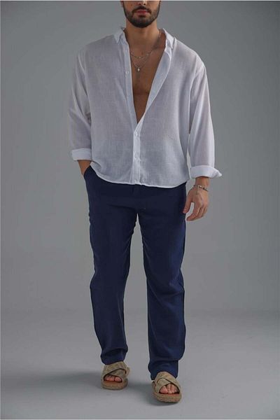 OUTFİT MAN Men's Linen White Button Shirt White