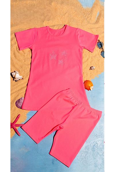 Modomood Girl's Top, Bonnet, Tights 3-Piece Star Detailed Neon Pink Hijab Sea Pool Swimsuit Set