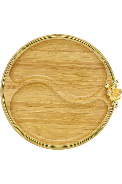 Winds Trading Wooden Snack Plate, 2 Partition, Round Bamboo Divider Tray with Flower Gold Pendant, 25cm