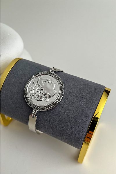 Modex Silver Color Medallion Figured Marcasite Stone Bracelet (18cm)