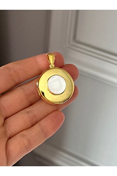 emy by emel luxury silver jewelry Altın Kaplama Sedef Taşlı Açılabilir Kapaklı Yuvarlak Madalyon Kolye Ucu 925 Ayar Gümüş