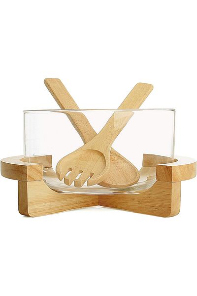 Billi Glass Salad Bowl With Wooden Stand And Servers Set, Brown, Gw-611