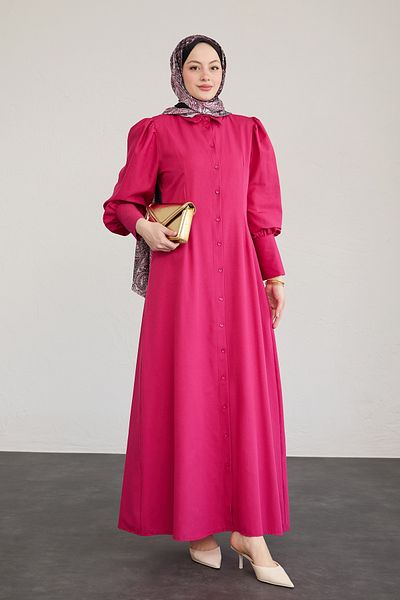 InStyle Buttoned Tricoton Fuchsia Dress