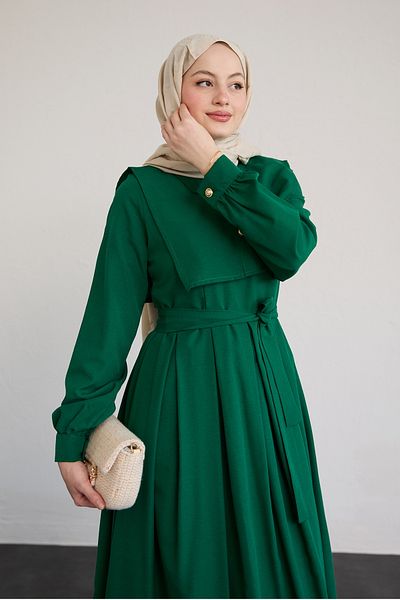 InStyle Bolero-Knopfdetail-Kleid in Smaragdgrün