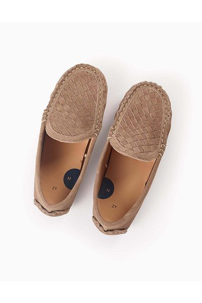 Ziddy Suede Moccasins for Boys, Dark Beige