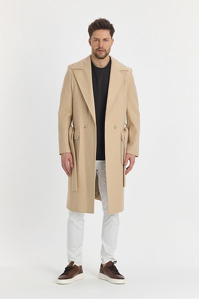 Frappoli Grande Ανδρική Κρέμα Oversize Μακρύ Πανωφόρι Κασμίρ με Αυτο-Ζώνη