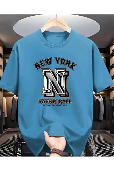 oneagılyazı تي شيرت رجالي كبير الحجم مطبوع عليه كرة السلة من نيويورك