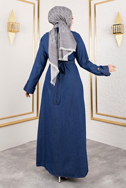 Modamihram Τζιν Φόρεμα - Λεπτομέρεια με κουμπί - Σκούρο Μπλε, Αριθμός Μοντέλου 19366