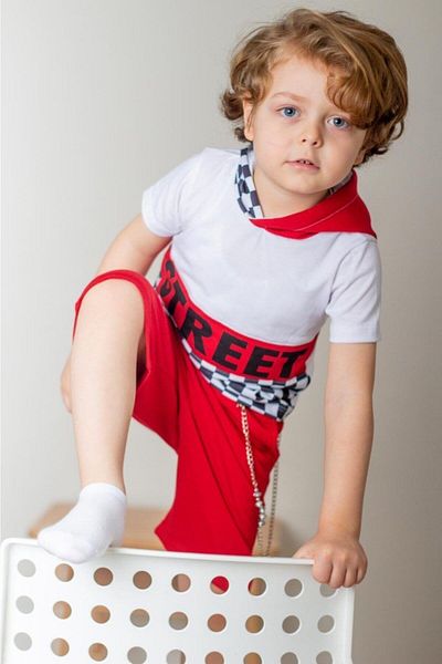 Hilal Akıncı Kids Boy's Red Street Model Short Sleeve Sweatshirt with Chain Shorts Tracksuit Set B-114