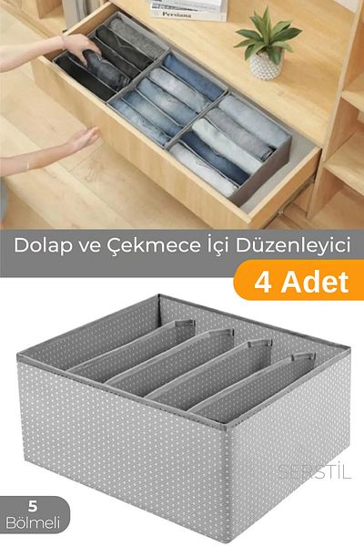Serstil 4Pcs 5 Compartment Cabinet & Drawer Organizer - Gray