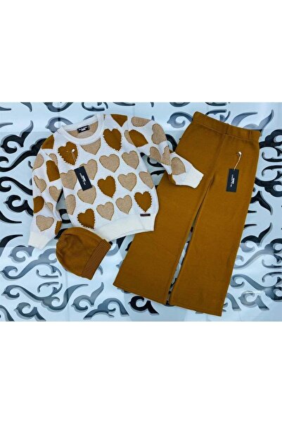 Hilal Akıncı Kids Model de inimă pentru fetiță, cu mărgele, pulover, tricotaje, pantaloni, beretă, set de 3 piese