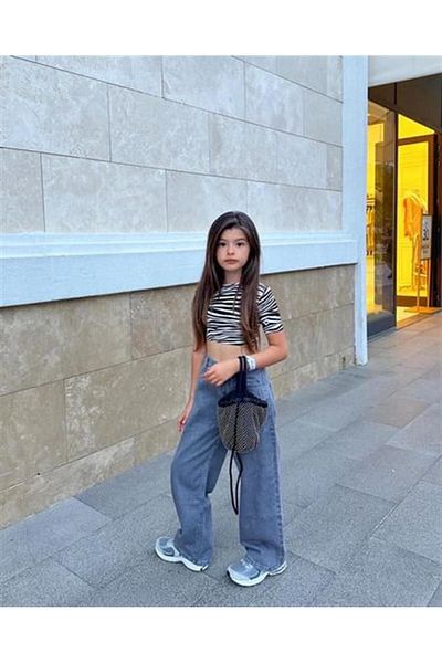 Hilal Akıncı Kids Κοριτσίστικο μοτίβο Crop Body Wide Leg Γκρι τζιν παντελόνι 2 τεμαχίων